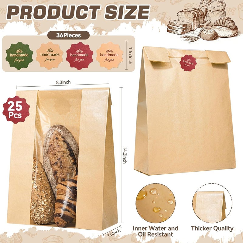 IMagicoo 25 Pcs Bread Bags for Homemade Bread, Paper Sourdough Bags with window, Large Bakery Loaf Bag with Stickers for Cookies, Popcorns, Hamburgers (25, 14.2"x8.3"x3.6") - Image 2